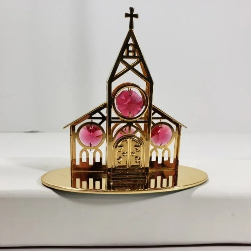Vintage Crystal Delight 24K Gold Plated Church Figurine Pink Crystal Windows